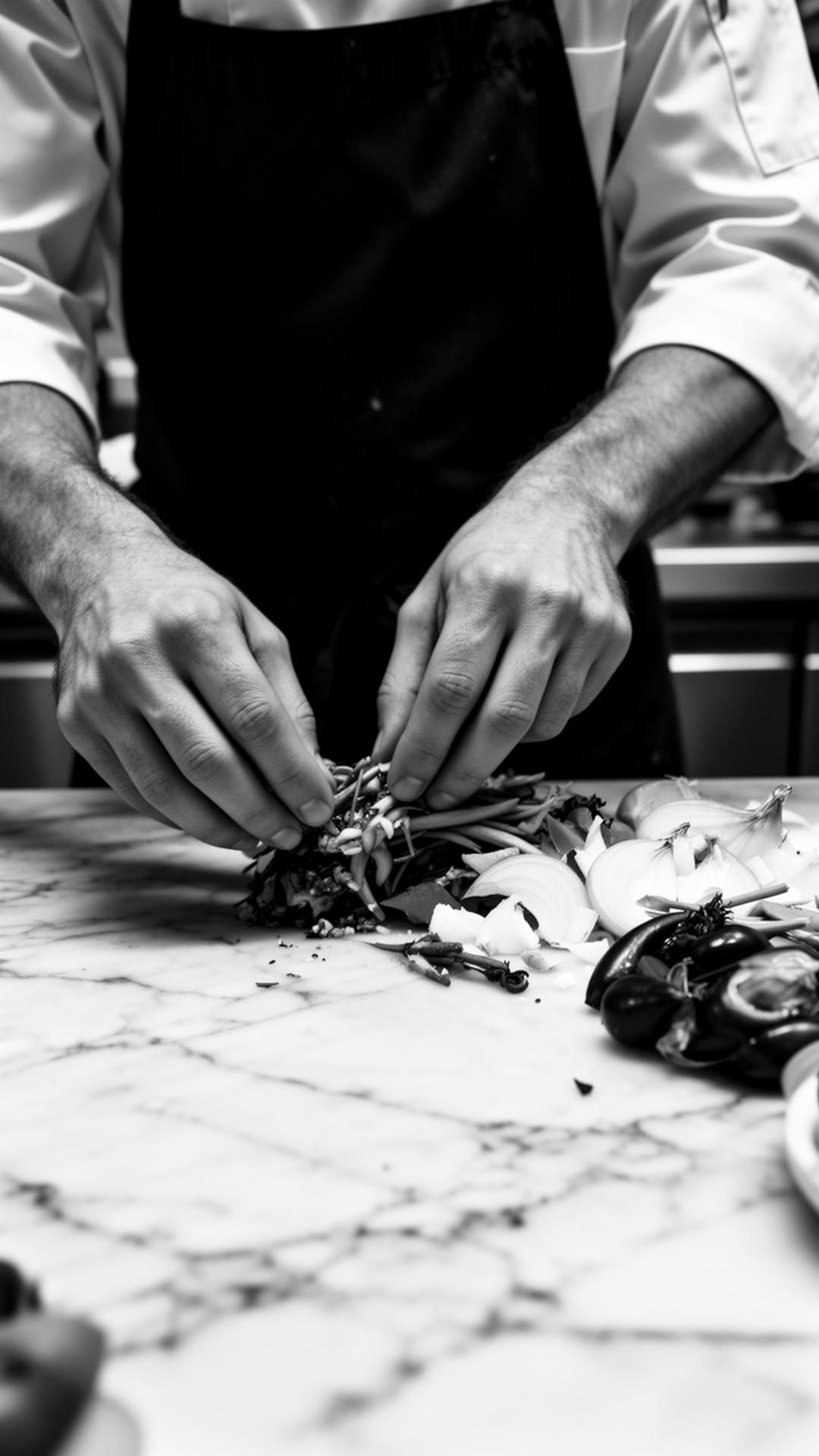 Mãos de chef preparando ingredientes em superfície de mármore